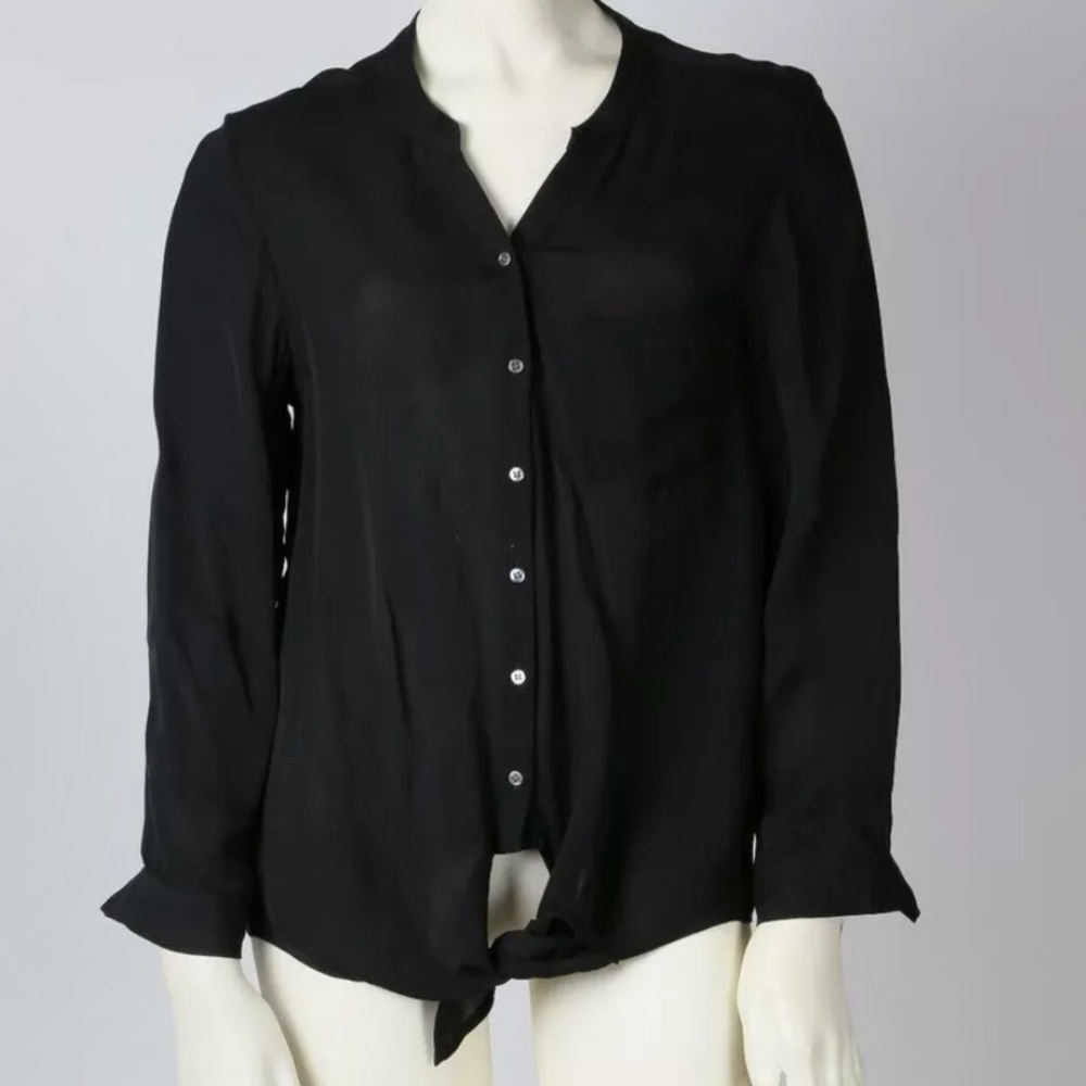 Joie 100% Silk Long Sleeve Black button up tie Blouse M/L
